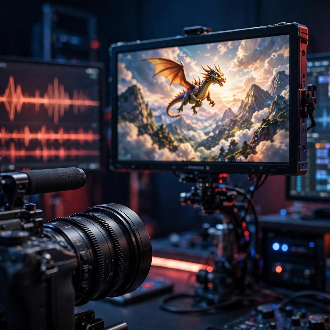 AI media production: a cinema camera and a director's monitor showing an animated film being created, edit screens alongside