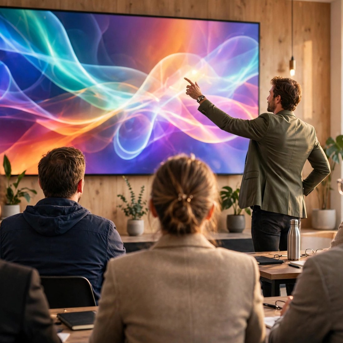 AI integration training: a trainer teaching a workshop, pointing to a large glowing screen before a seated class
